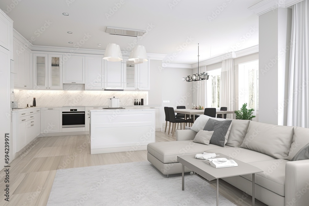 modern kitchen room with furniture, ai generative modern kitchen room with furniture, ai generative