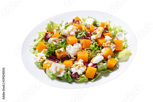 plate of salad with baked pumpkin and cream cheese isolated on transparent background