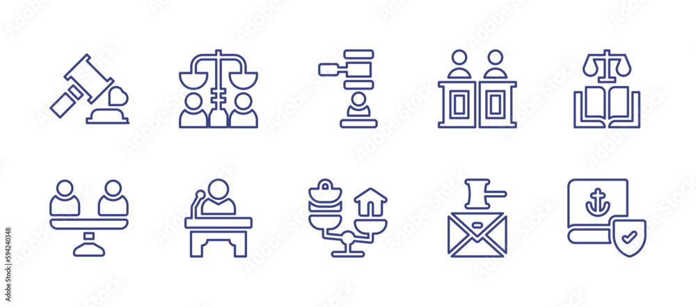 Law line icon set. Editable stroke. Vector illustration. Containing law, equality, hammer, advocate, constitution, stability, testimony, balance, email, law book.