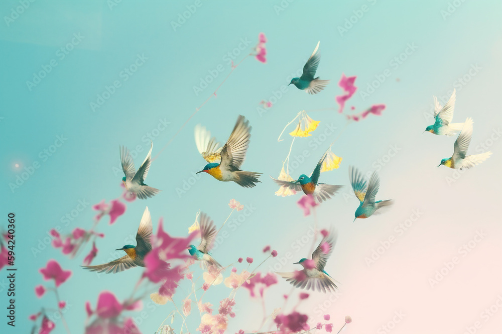 peony valentine pastel blue pink art flower nature flying falling. Generative AI.