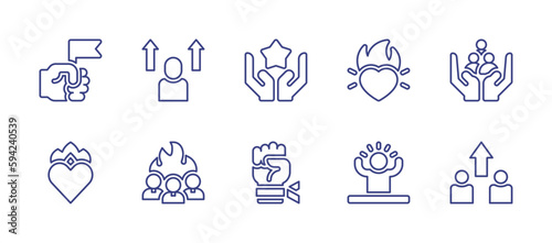 Motivation line icon set. Editable stroke. Vector illustration. Containing conquer, motivation, heart, teamwork, passion, fist, confidence, growth.