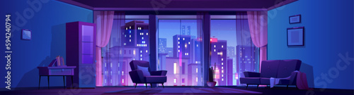 Night living room interior with panoramic window cartoon vector background. Home furniture with couch, bookshelf and armchair. Pink and purple large luxury hotel apartment with day skyscraper city