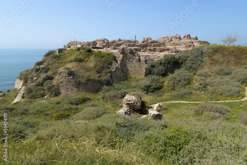 Crusader castle in the ancient town of Apollonia (Tel Arsuf) on Mediterranean seashore of Herzliya city, Apollonia National Park, HaSharon district, Israel. photo
