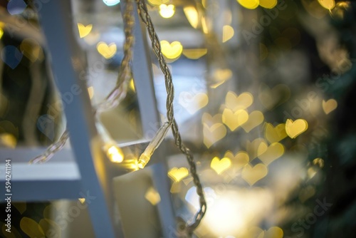a window with a garland with light bulbs on it in the background