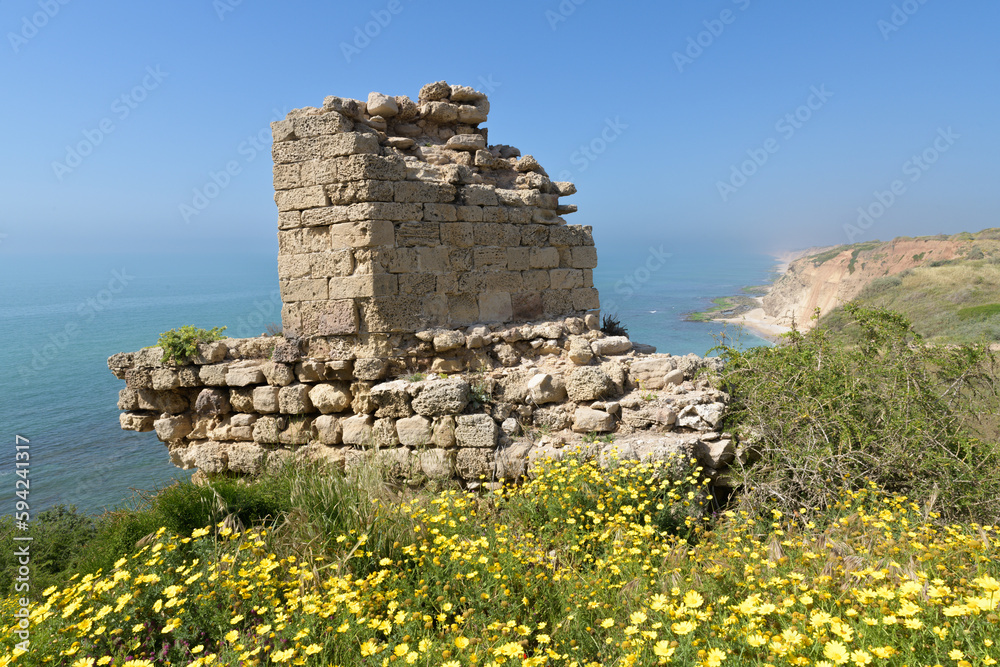 Crusader castle in the ancient town of Apollonia (Tel Arsuf) on Mediterranean seashore of Herzliya city, Apollonia National Park, HaSharon district, Israel.