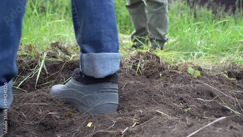 Female farmer using tools hand-held soil drilling cultivator tool or portable manual earth auger for prepare the soil for planting vegetables
