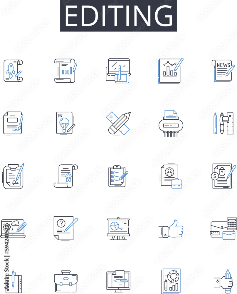 Editing line icons collection. Proofreading, Reviewing, Touch-up, Polishing, Revising, Refining, Correcting vector and linear illustration. Scrutinizing,Improving,Redrafting outline signs set Editing line icons collection. Proofreading, Reviewing, Touch-up, Polishing, Revising, Refining, Correcting vector and linear illustration. Scrutinizing,Improving,Redrafting outline signs set