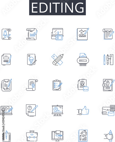 Editing line icons collection. Proofreading, Reviewing, Touch-up, Polishing, Revising, Refining, Correcting vector and linear illustration. Scrutinizing,Improving,Redrafting outline signs set photo