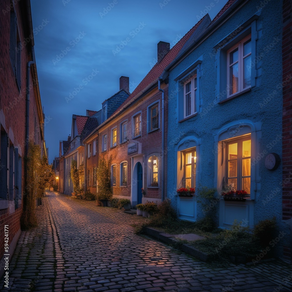 Fototapeta premium Charming European Village at Blue Hour: Quaint Houses in a Kaleidoscope of Colors