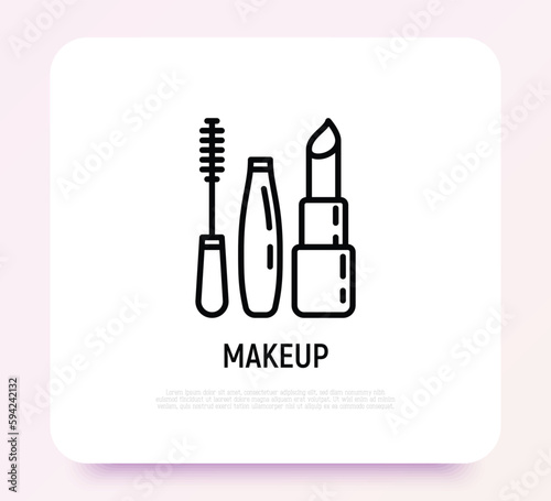 Makeup thin line icon: mascara, eyebrow tweezers. lipstick. Modern vector illustration.