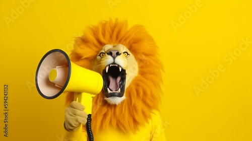 Lion roaring on a megaphone. Advertisement concept with copy space for text, Generative AI