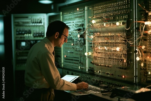 A technician monitoring a control panel for a particle accelerator, as beams of high-energy particles converge and collide, visible as glowing streams of energy. Generative AI