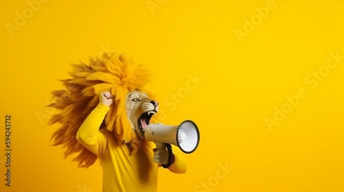 Lion roaring on a megaphone. Advertisement concept with copy space for text, Generative AI