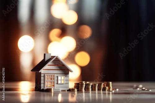 Business Investment Concept with Model House, Coins Stack, and Table Closeup on Blurred Background