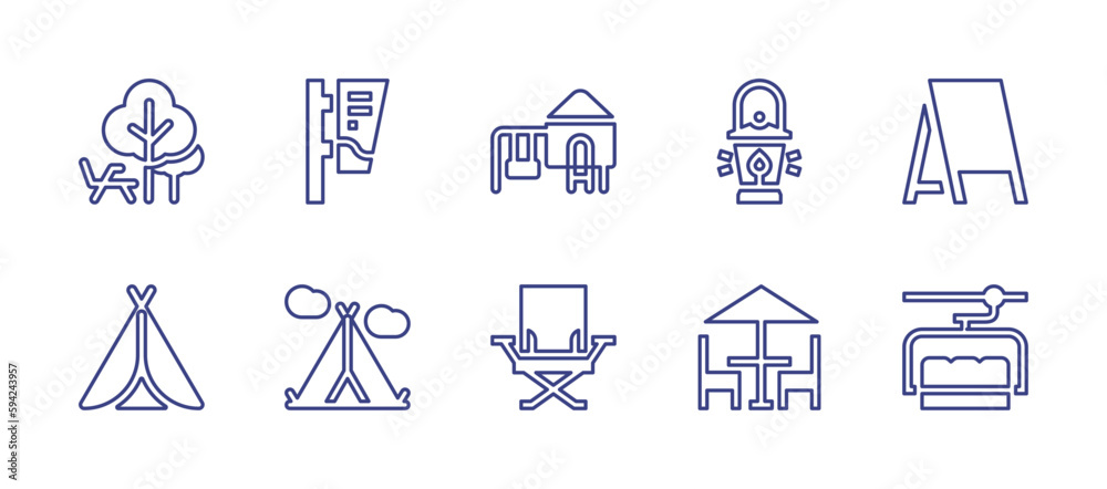 Outdoor line icon set. Editable stroke. Vector illustration. Containing park, bow flags, playground, lantern, banner, tent, camp chair, patio, ski.