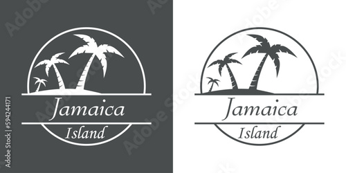 Destino de vacaciones. Logo aislado con texto manuscrito Jamaica island con silueta de isla con la palma en círculo lineal