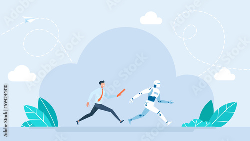 A man passing a relay baton to a robot. Cooperation between a robot and a person. Artificial intelligence. Running businessman passes a baton to robot humanoid relay race. Vector illustration
