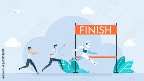 Robot outruns people. Victory of artificial intelligence in the competition with business people. Business people and robot competing run to finish line AI technology competition. Vector illustration
