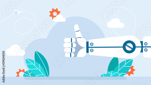 Modern Robot thumb up gesture like. Symbol of agreement, approval, success, hitchhiking. The success of artificial intelligence. Thumbs up white robot hand or robotic arm. Flat vector illustration
