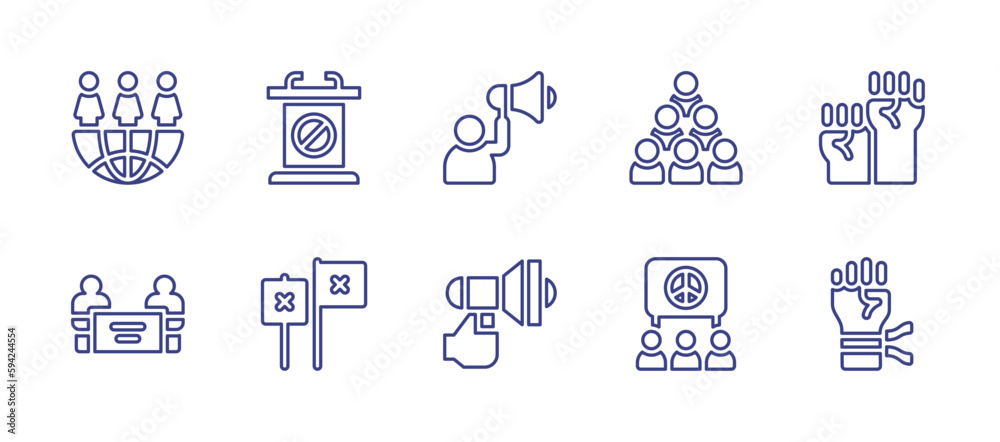 Protest line icon set. Editable stroke. Vector illustration. Containing feminism, lectern, marketing, people, protest, megaphone, fist.