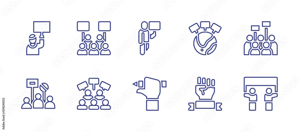 Protest line icon set. Editable stroke. Vector illustration. Containing protester, manifestation, demonstration, earth, civil right movement, protest, labour day, people.