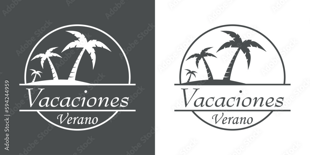 Destino de vacaciones. Logo aislado con texto manuscrito Vacaciones Verano en español con silueta de playa con la palma en círculo lineal