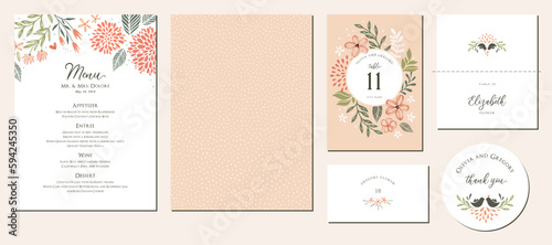 Menu, table number and name place card design. Floral wedding templates. In warm colors perfect for an autumn or summer wedding and birthday invitations, and baby shower. 