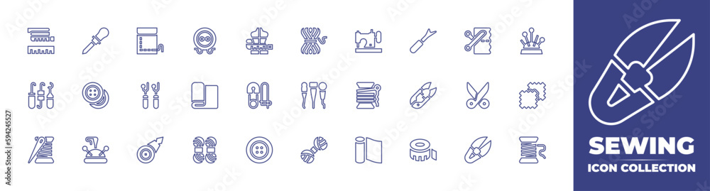 Sewing line icon collection. Editable stroke. Vector illustration. Containing measure, awl, pocket, button, mannequin, yarn ball, sewing machine, ripper, cut, pin cushion, crochet, buttons, and more.