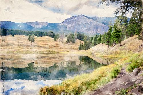 Digitally created watercolor painting of the shoreline of Trout Lake at Yellowstone National Park