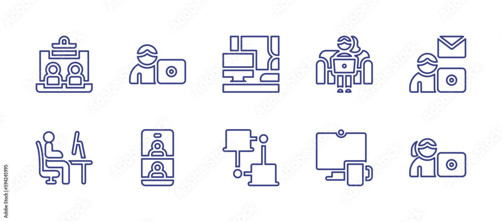 Telecommuting line icon set. Editable stroke. Vector illustration. Containing telecommuting, office, message, working at home, smartphone, computer, coffee.