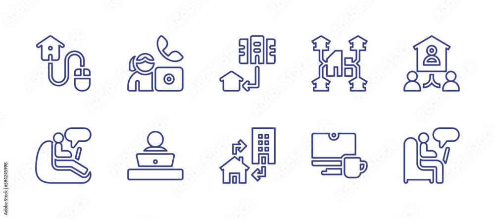 Telecommuting line icon set. Editable stroke. Vector illustration. Containing telecommuting, videocall, working at home, network, worker, computer.