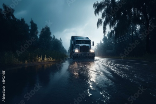 a truck driving through a flooded road under a dark sky with clouds and trees in the background and water splashing on the road and the ground.  generative ai