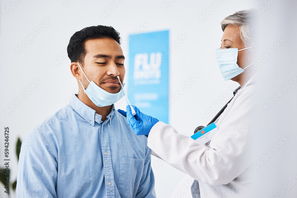 Doctor, patient and covid test, healthcare and virus with medical consultation at hospital and health insurance. Cotton swab in nose, mask and PCR at clinic, man and woman physician check for corona Doctor, patient and covid test, healthcare and virus with medical consultation at hospital and health insurance. Cotton swab in nose, mask and PCR at clinic, man and woman physician check for corona