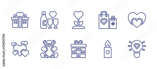 Valentine day line icon set. Editable stroke. Vector illustration. Containing gift  romantic dinner  flower  gift bag  heart  teddy bear  candle light  light bulb.