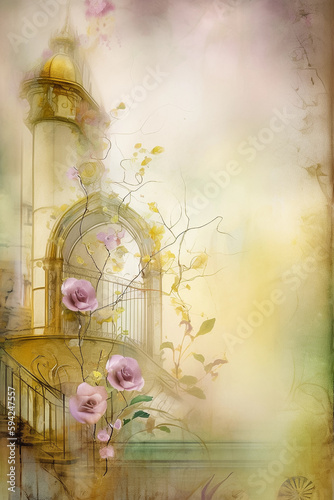 Delicate backdrope with roses flosers and church. Soft colors. Generative AI photo