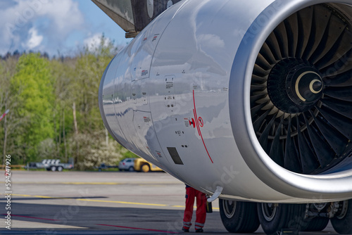 Close-up of engine of Swiss Airbus A330-343 HB-JHB parked at Swiss Airport Zürich Kloten on a sunny spring morning. Photo taken April 14th, 2023, Kloten, Canton Zurich, Switzerland.