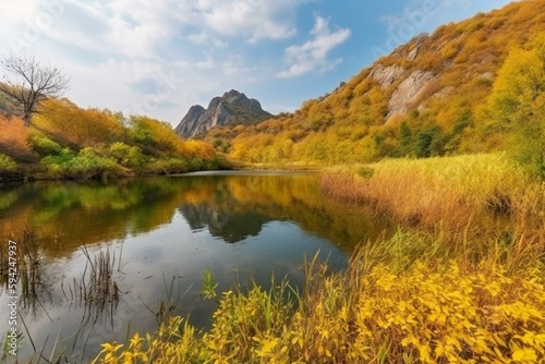 autumn landscape with mountain lake and yellow vegetation along shores. Generative AI