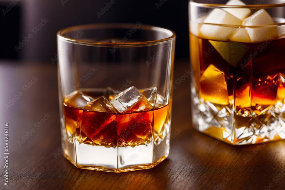 Glass of whiskey on the rocks with ice cubes on a wooden table, close-up. Generative AI Glass of whiskey on the rocks with ice cubes on a wooden table, close-up. Generative AI