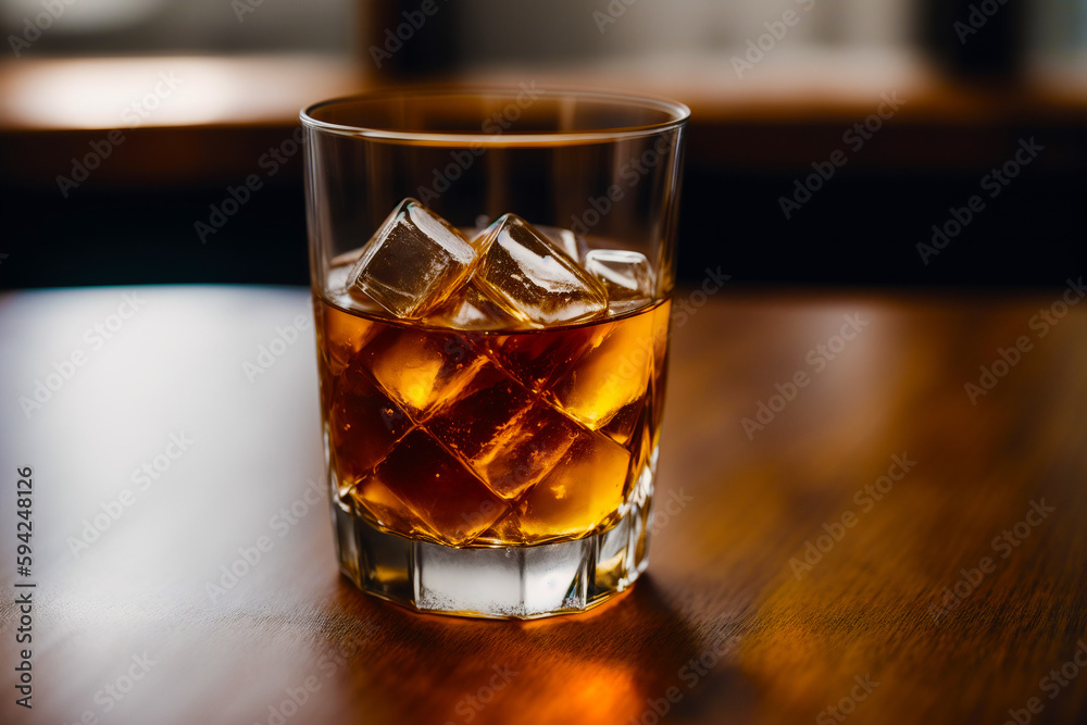 Glass of whiskey on the rocks with ice cubes on a wooden table, close-up.  Generative AI