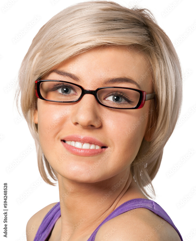 Close up portrait of a beautiful woman in glasses looking at camera on a white background Close up portrait of a beautiful woman in glasses looking at camera on a white background