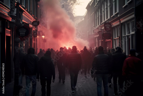 Ultras Hooligans Football Fans Mob masked and black dressed burning some pyrotechnics photo