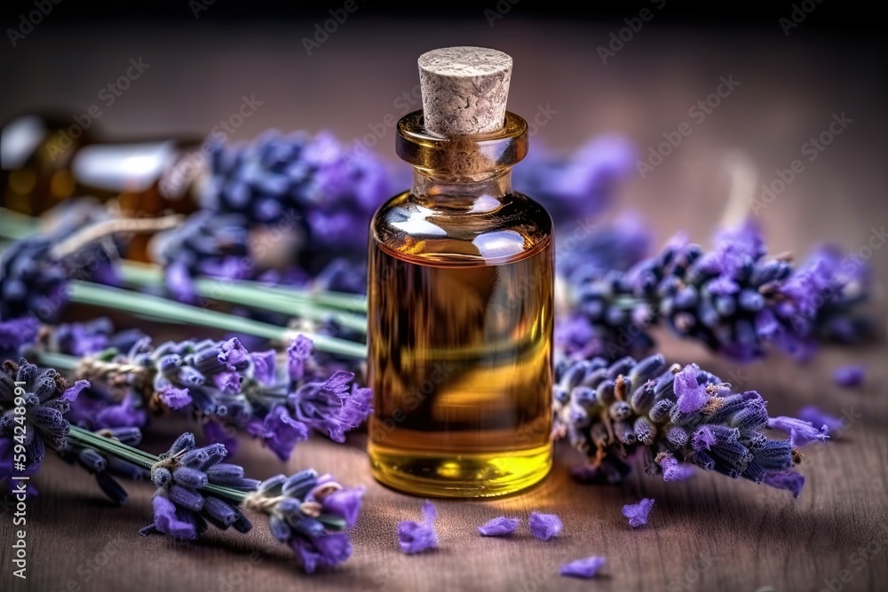 Essential Aromatic oil  in brown bottle  and fresh bouquet of   lavender blooming flowers, natural remedies, aromatherapy, naturopathy concepts - obrazy, fototapety, plakaty 