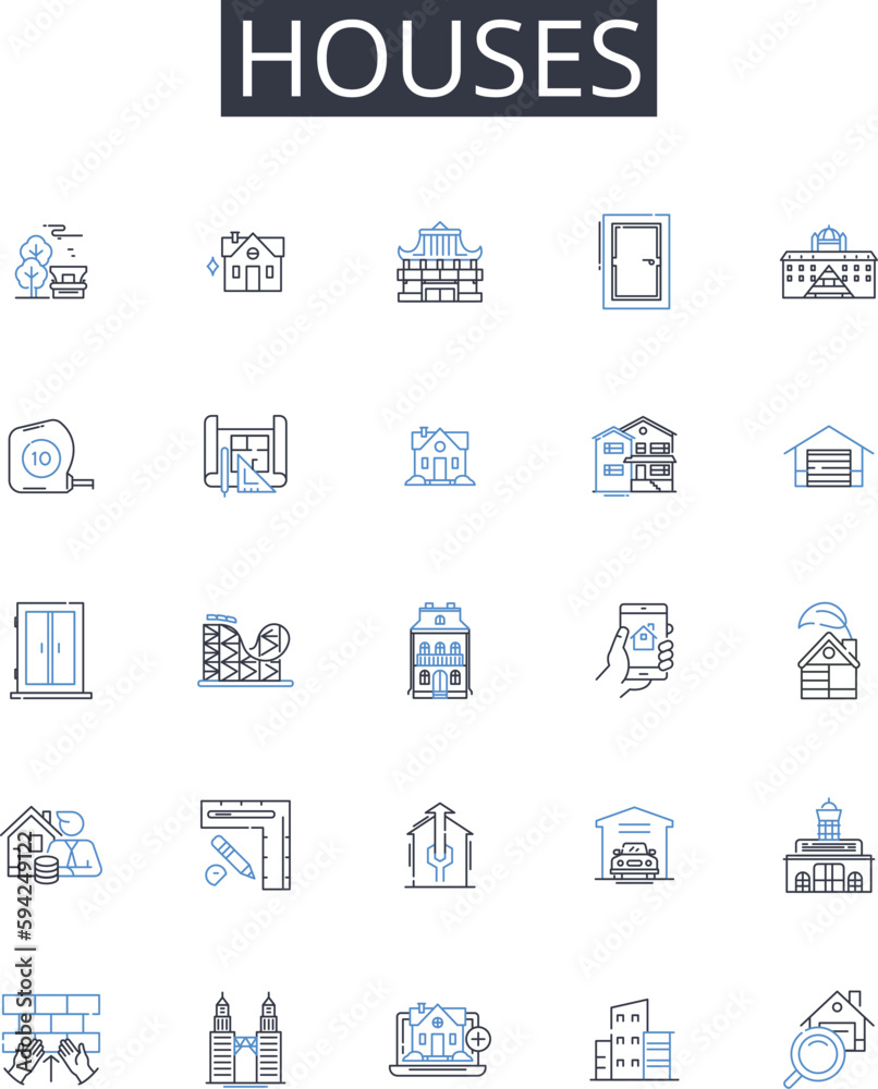 Houses line icons collection. Residences, Dwellings, Abodes, Homesteads, Shelters, Lodgings, Quarters vector and linear illustration. Roofs,Habitats,Tenements outline signs set