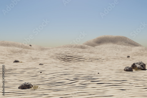 large desert environment with sand dunes  hills and rocks laying arround  climate change heat concept  3D Illustration