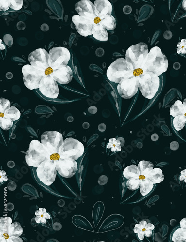 Seamless texture made of simple flowers in white and green tones.