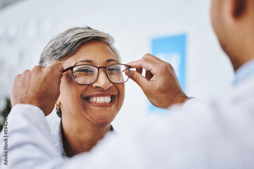 Optometry, smile and woman with prescription glasses, optician and helping client with product. Female person, employee and optometrist assist with eyewear, clear vision and buying new spectacles - obrazy, fototapety, plakaty 