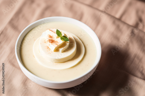 Delicious panna cotta with lemon and cocoa powder on wooden table. Dessert, sweet food. Generative AI