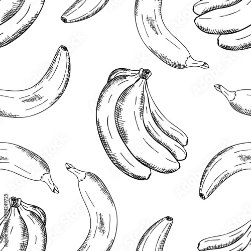 Seamless pattern with bananas, black and white pattern with hatching