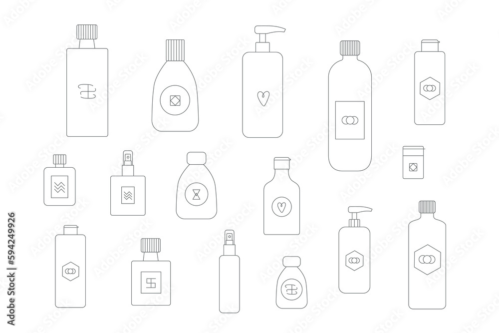 Line cosmetic bottles, jars shapes. Body hair skin care organic pruduct tubes, eco cleanser, soap for face, oil scrub, cream, lotion facial gel vector illustrations Line cosmetic bottles, jars shapes. Body hair skin care organic pruduct tubes, eco cleanser, soap for face, oil scrub, cream, lotion facial gel vector illustrations