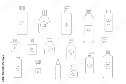 Line cosmetic bottles, jars shapes. Body hair skin care organic pruduct tubes, eco cleanser, soap for face, oil scrub, cream, lotion facial gel vector illustrations